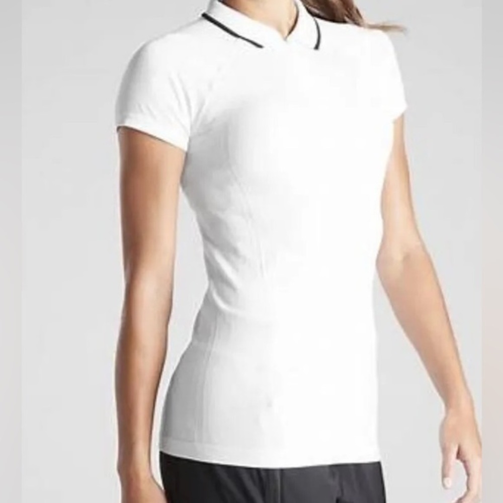 ATHLETA Momentum Seamless Polo Tee White w/Black Tipping Zip Large